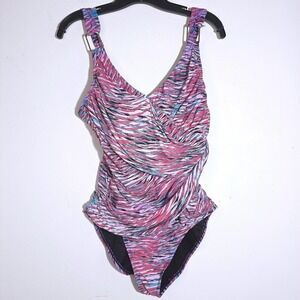 Spanx One Piece Swimsuit Womens 10 Pink Abstract Ruched Shapewear Style:2095